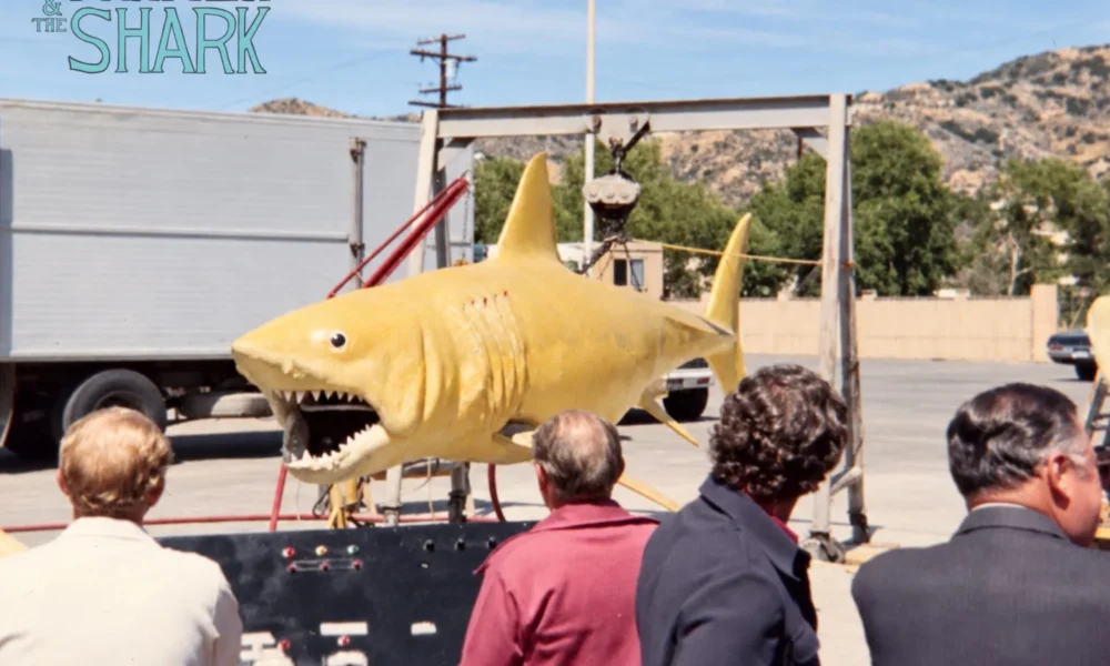 Behind-the-scenes image from the original 'Jaws' film featuring the unpainted mechanical shark mold, featured in 'The Farmer & The Shark' documentary directed by John Campopiano.