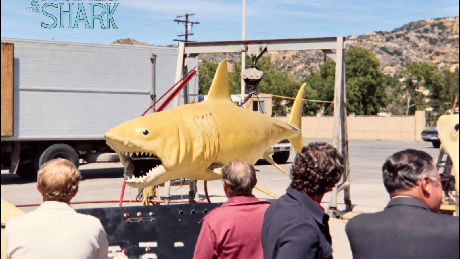 Behind-the-scenes image from the original 'Jaws' film featuring the unpainted mechanical shark mold, featured in 'The Farmer & The Shark' documentary directed by John Campopiano.